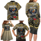 Personalized Magpies Football Mascot Family Matching Long Sleeve Bodycon Dress and Hawaiian Shirt Aboriginal Dot Art Style Vibrant Indigenous Pattern Design
