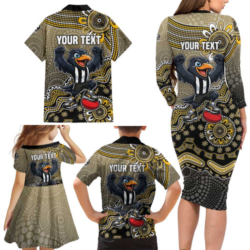 Personalized Magpies Football Mascot Family Matching Long Sleeve Bodycon Dress and Hawaiian Shirt Aboriginal Dot Art Style Vibrant Indigenous Pattern Design