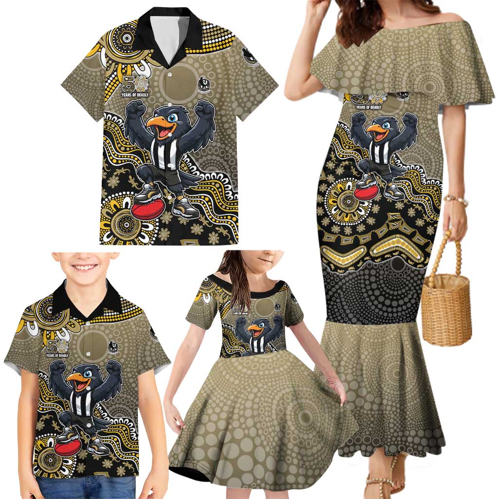 Personalized Magpies Football Mascot Family Matching Mermaid Dress and Hawaiian Shirt Aboriginal Dot Art Style Vibrant Indigenous Pattern Design