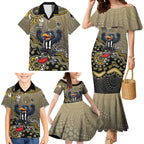 Personalized Magpies Football Mascot Family Matching Mermaid Dress and Hawaiian Shirt Aboriginal Dot Art Style Vibrant Indigenous Pattern Design