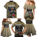 Personalized Magpies Football Mascot Family Matching Mermaid Dress and Hawaiian Shirt Aboriginal Dot Art Style Vibrant Indigenous Pattern Design