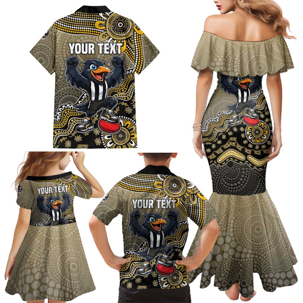 Personalized Magpies Football Mascot Family Matching Mermaid Dress and Hawaiian Shirt Aboriginal Dot Art Style Vibrant Indigenous Pattern Design