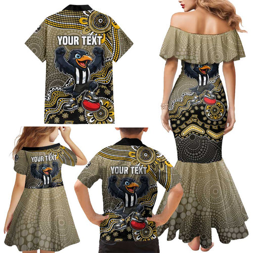 Personalized Magpies Football Mascot Family Matching Mermaid Dress and Hawaiian Shirt Aboriginal Dot Art Style Vibrant Indigenous Pattern Design