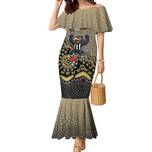 Personalized Magpies Football Mascot Family Matching Mermaid Dress and Hawaiian Shirt Aboriginal Dot Art Style Vibrant Indigenous Pattern Design