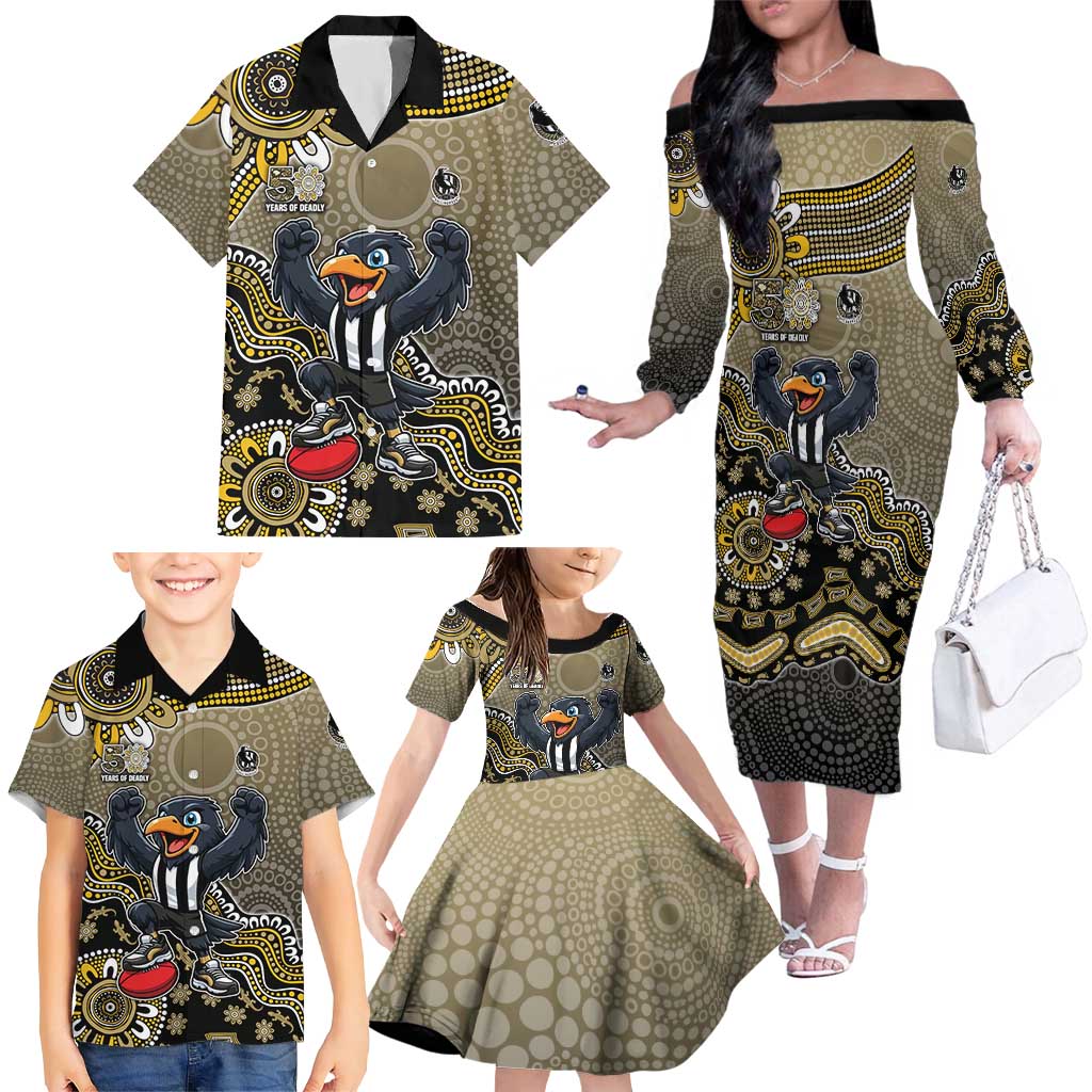 Personalized Magpies Football Mascot Family Matching Off The Shoulder Long Sleeve Dress and Hawaiian Shirt Aboriginal Dot Art Style Vibrant Indigenous Pattern Design