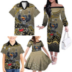 Personalized Magpies Football Mascot Family Matching Off The Shoulder Long Sleeve Dress and Hawaiian Shirt Aboriginal Dot Art Style Vibrant Indigenous Pattern Design