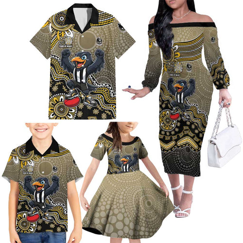 Personalized Magpies Football Mascot Family Matching Off The Shoulder Long Sleeve Dress and Hawaiian Shirt Aboriginal Dot Art Style Vibrant Indigenous Pattern Design