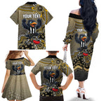 Personalized Magpies Football Mascot Family Matching Off The Shoulder Long Sleeve Dress and Hawaiian Shirt Aboriginal Dot Art Style Vibrant Indigenous Pattern Design