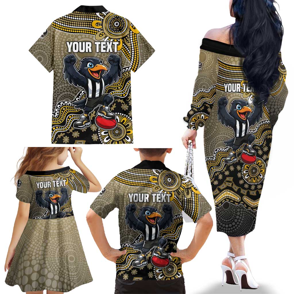 Personalized Magpies Football Mascot Family Matching Off The Shoulder Long Sleeve Dress and Hawaiian Shirt Aboriginal Dot Art Style Vibrant Indigenous Pattern Design
