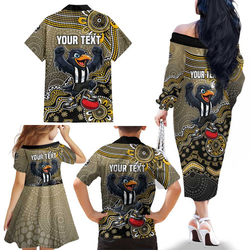 Personalized Magpies Football Mascot Family Matching Off The Shoulder Long Sleeve Dress and Hawaiian Shirt Aboriginal Dot Art Style Vibrant Indigenous Pattern Design