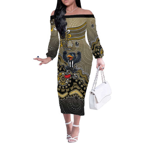 Personalized Magpies Football Mascot Family Matching Off The Shoulder Long Sleeve Dress and Hawaiian Shirt Aboriginal Dot Art Style Vibrant Indigenous Pattern Design