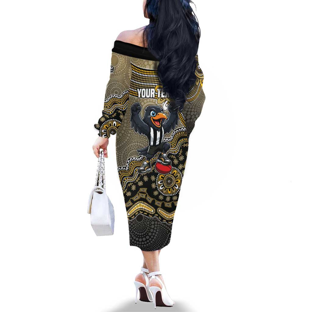 Personalized Magpies Football Mascot Family Matching Off The Shoulder Long Sleeve Dress and Hawaiian Shirt Aboriginal Dot Art Style Vibrant Indigenous Pattern Design