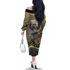 Personalized Magpies Football Mascot Family Matching Off The Shoulder Long Sleeve Dress and Hawaiian Shirt Aboriginal Dot Art Style Vibrant Indigenous Pattern Design
