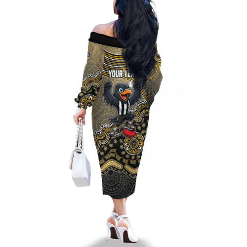 Personalized Magpies Football Mascot Family Matching Off The Shoulder Long Sleeve Dress and Hawaiian Shirt Aboriginal Dot Art Style Vibrant Indigenous Pattern Design