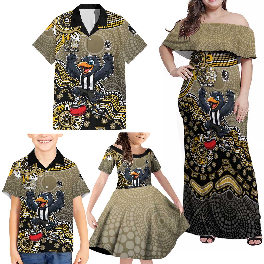 Personalized Magpies Football Mascot Family Matching Off Shoulder Maxi Dress and Hawaiian Shirt Aboriginal Dot Art Style Vibrant Indigenous Pattern Design
