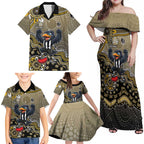 Personalized Magpies Football Mascot Family Matching Off Shoulder Maxi Dress and Hawaiian Shirt Aboriginal Dot Art Style Vibrant Indigenous Pattern Design