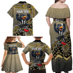 Personalized Magpies Football Mascot Family Matching Off Shoulder Maxi Dress and Hawaiian Shirt Aboriginal Dot Art Style Vibrant Indigenous Pattern Design