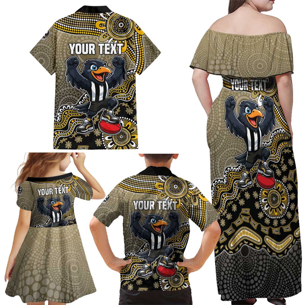 Personalized Magpies Football Mascot Family Matching Off Shoulder Maxi Dress and Hawaiian Shirt Aboriginal Dot Art Style Vibrant Indigenous Pattern Design