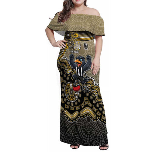 Personalized Magpies Football Mascot Family Matching Off Shoulder Maxi Dress and Hawaiian Shirt Aboriginal Dot Art Style Vibrant Indigenous Pattern Design
