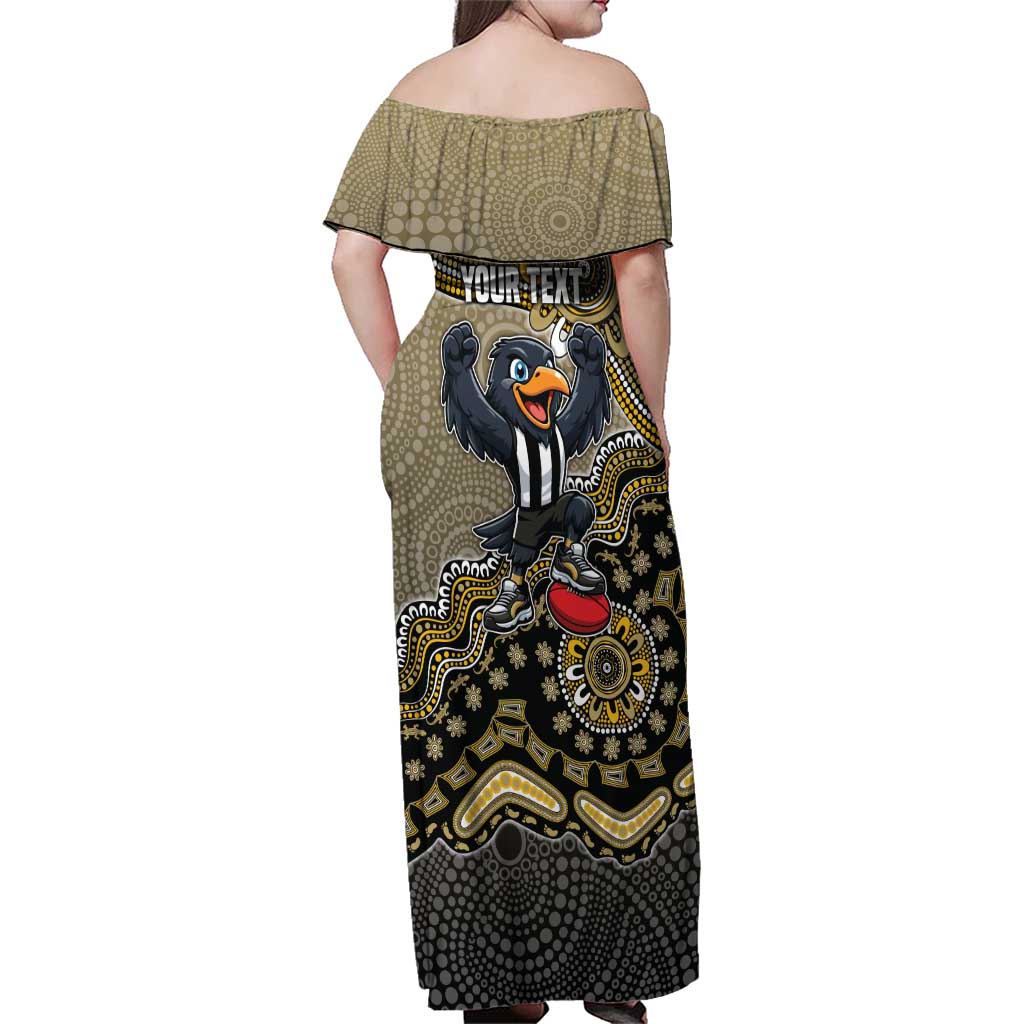 Personalized Magpies Football Mascot Family Matching Off Shoulder Maxi Dress and Hawaiian Shirt Aboriginal Dot Art Style Vibrant Indigenous Pattern Design