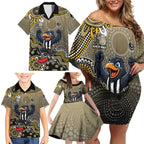 Personalized Magpies Football Mascot Family Matching Off Shoulder Short Dress and Hawaiian Shirt Aboriginal Dot Art Style Vibrant Indigenous Pattern Design