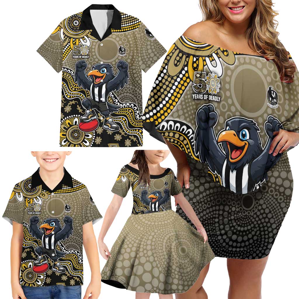 Personalized Magpies Football Mascot Family Matching Off Shoulder Short Dress and Hawaiian Shirt Aboriginal Dot Art Style Vibrant Indigenous Pattern Design
