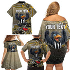 Personalized Magpies Football Mascot Family Matching Off Shoulder Short Dress and Hawaiian Shirt Aboriginal Dot Art Style Vibrant Indigenous Pattern Design