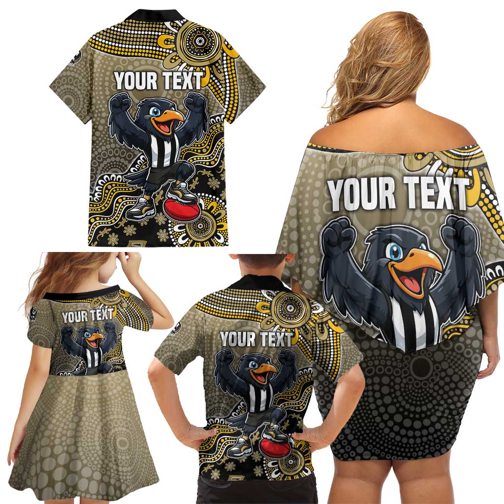Personalized Magpies Football Mascot Family Matching Off Shoulder Short Dress and Hawaiian Shirt Aboriginal Dot Art Style Vibrant Indigenous Pattern Design