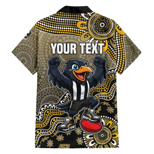 Personalized Magpies Football Mascot Family Matching Off Shoulder Short Dress and Hawaiian Shirt Aboriginal Dot Art Style Vibrant Indigenous Pattern Design