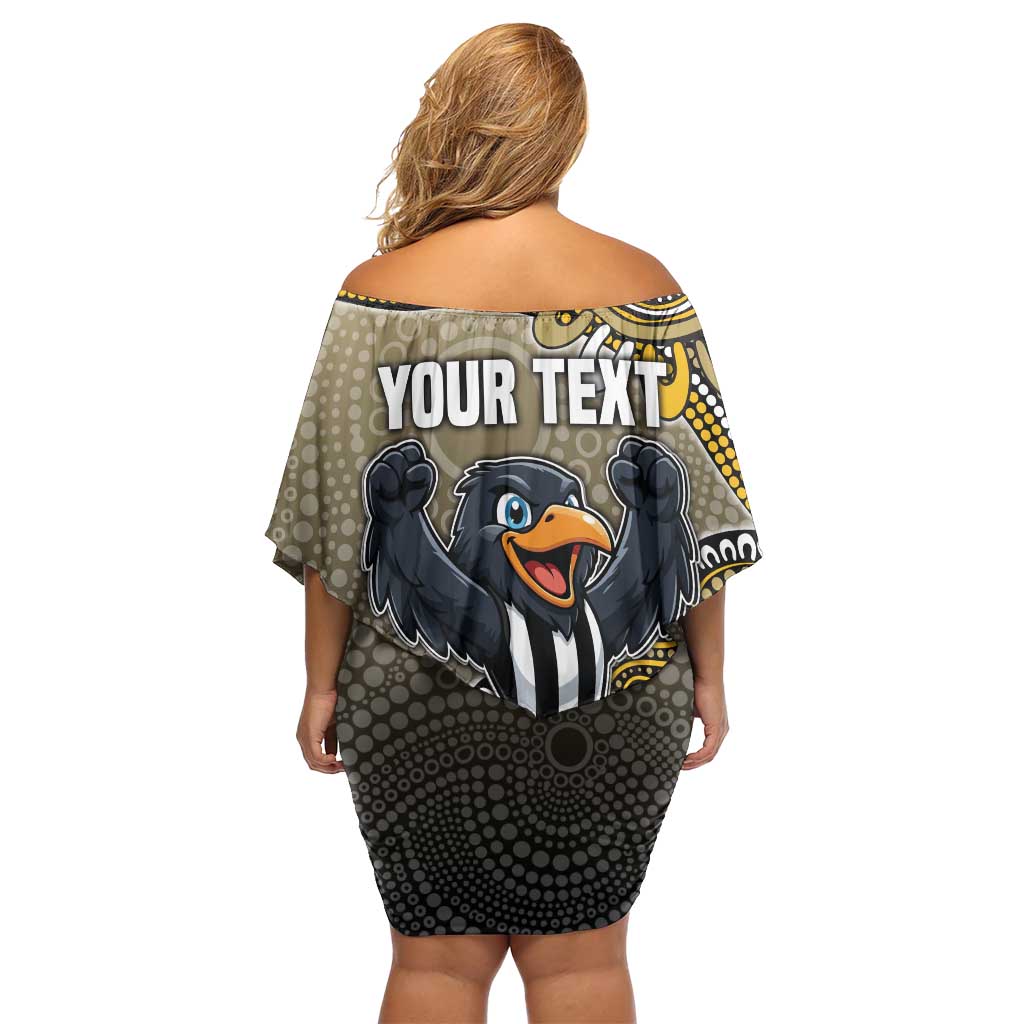 Personalized Magpies Football Mascot Family Matching Off Shoulder Short Dress and Hawaiian Shirt Aboriginal Dot Art Style Vibrant Indigenous Pattern Design