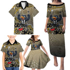 Personalized Magpies Football Mascot Family Matching Puletasi and Hawaiian Shirt Aboriginal Dot Art Style Vibrant Indigenous Pattern Design