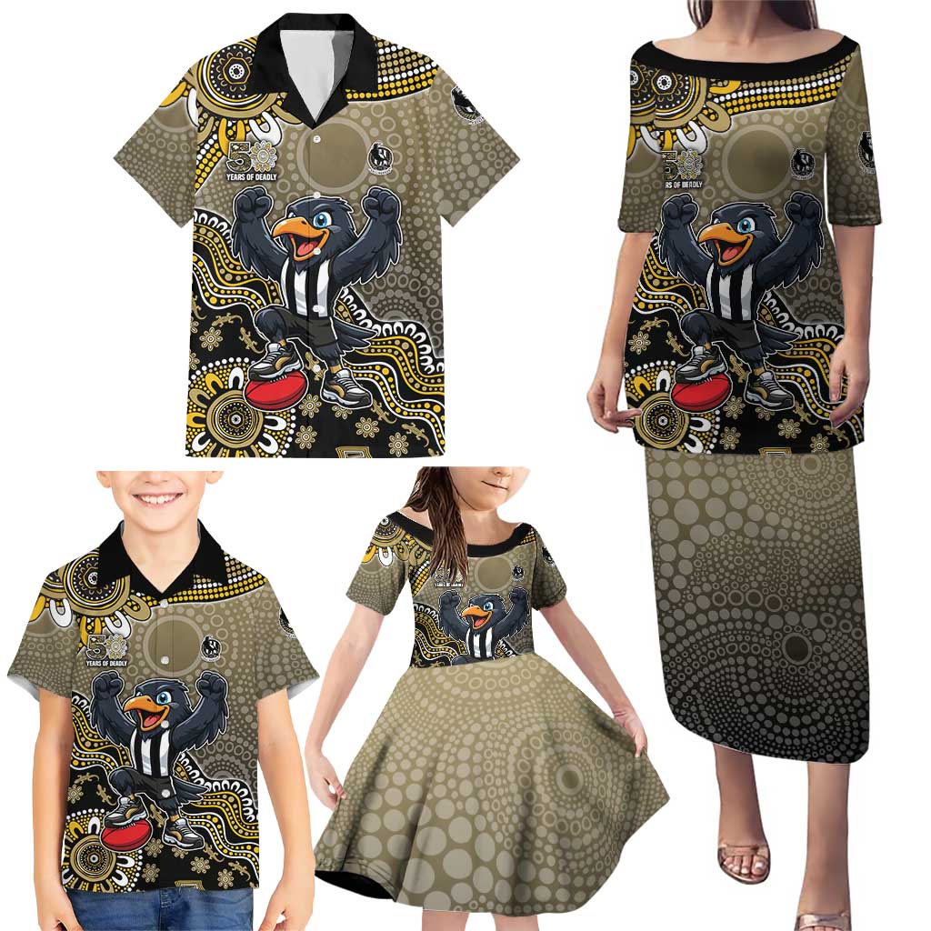 Personalized Magpies Football Mascot Family Matching Puletasi and Hawaiian Shirt Aboriginal Dot Art Style Vibrant Indigenous Pattern Design
