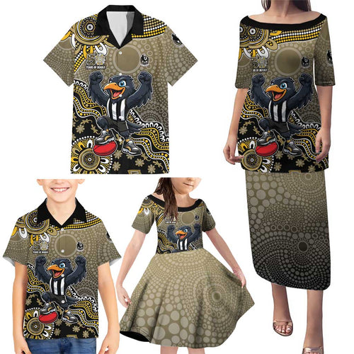 Personalized Magpies Football Mascot Family Matching Puletasi and Hawaiian Shirt Aboriginal Dot Art Style Vibrant Indigenous Pattern Design