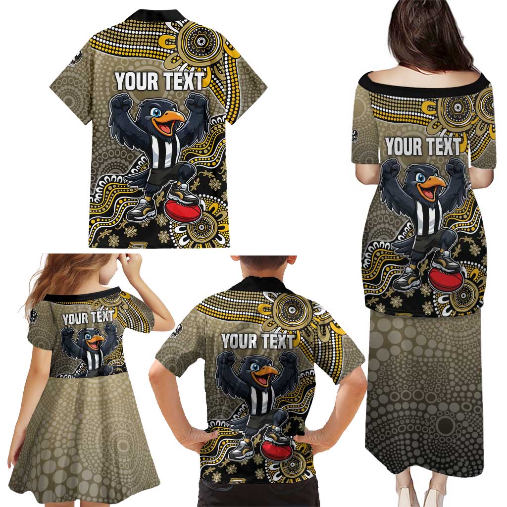 Personalized Magpies Football Mascot Family Matching Puletasi and Hawaiian Shirt Aboriginal Dot Art Style Vibrant Indigenous Pattern Design