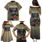 Personalized Magpies Football Mascot Family Matching Puletasi and Hawaiian Shirt Aboriginal Dot Art Style Vibrant Indigenous Pattern Design