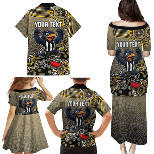 Personalized Magpies Football Mascot Family Matching Puletasi and Hawaiian Shirt Aboriginal Dot Art Style Vibrant Indigenous Pattern Design