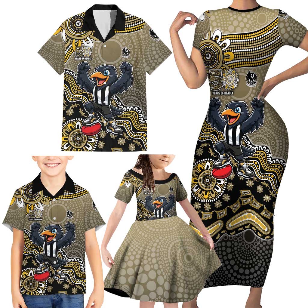 Personalized Magpies Football Mascot Family Matching Short Sleeve Bodycon Dress and Hawaiian Shirt Aboriginal Dot Art Style Vibrant Indigenous Pattern Design