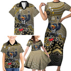 Personalized Magpies Football Mascot Family Matching Short Sleeve Bodycon Dress and Hawaiian Shirt Aboriginal Dot Art Style Vibrant Indigenous Pattern Design