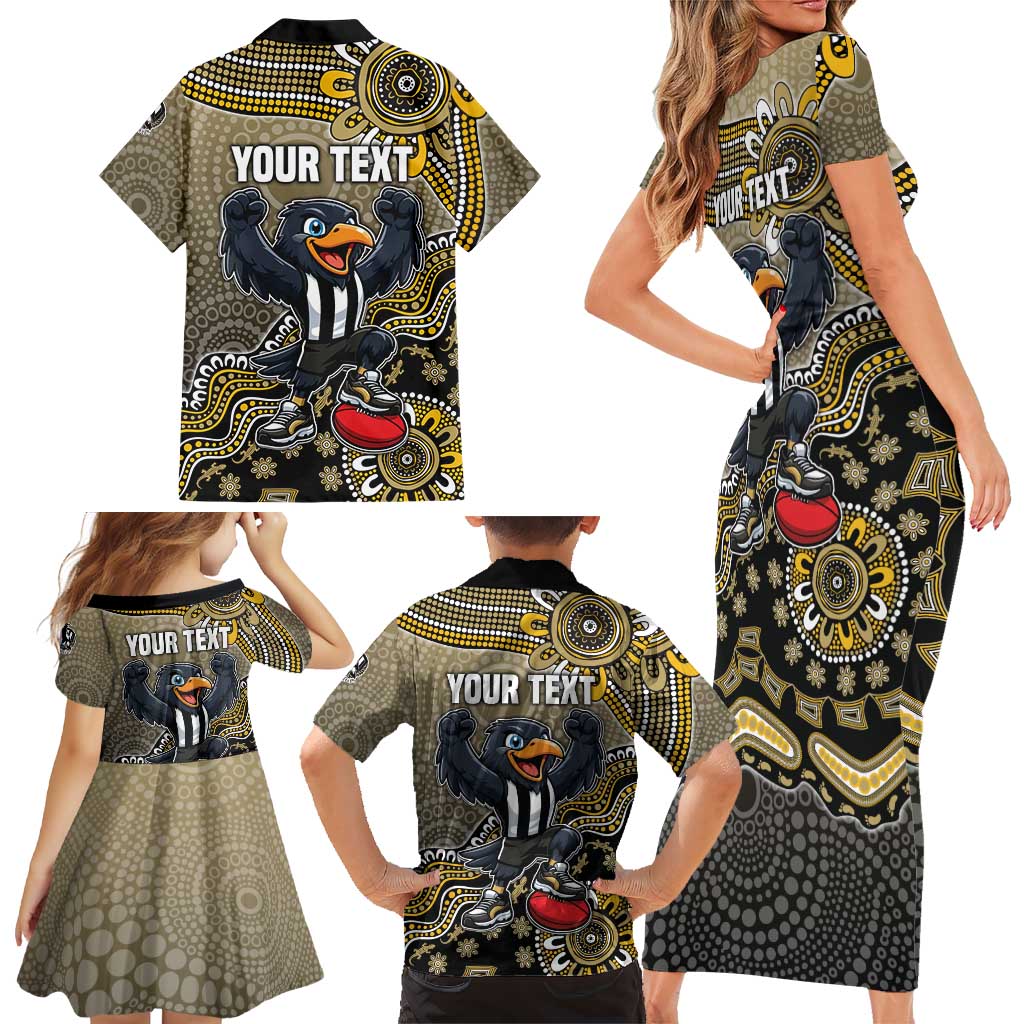 Personalized Magpies Football Mascot Family Matching Short Sleeve Bodycon Dress and Hawaiian Shirt Aboriginal Dot Art Style Vibrant Indigenous Pattern Design