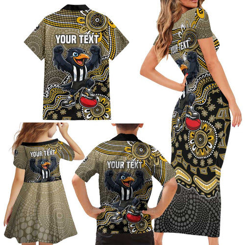 Personalized Magpies Football Mascot Family Matching Short Sleeve Bodycon Dress and Hawaiian Shirt Aboriginal Dot Art Style Vibrant Indigenous Pattern Design