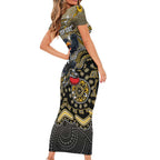 Personalized Magpies Football Mascot Family Matching Short Sleeve Bodycon Dress and Hawaiian Shirt Aboriginal Dot Art Style Vibrant Indigenous Pattern Design