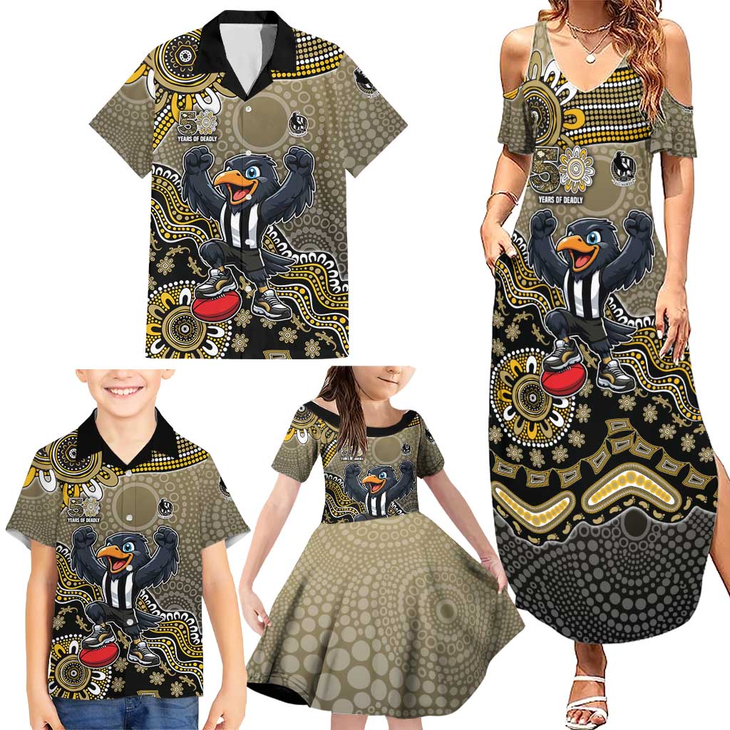 Personalized Magpies Football Mascot Family Matching Summer Maxi Dress and Hawaiian Shirt Aboriginal Dot Art Style Vibrant Indigenous Pattern Design