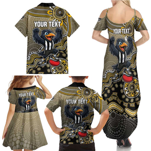 Personalized Magpies Football Mascot Family Matching Summer Maxi Dress and Hawaiian Shirt Aboriginal Dot Art Style Vibrant Indigenous Pattern Design