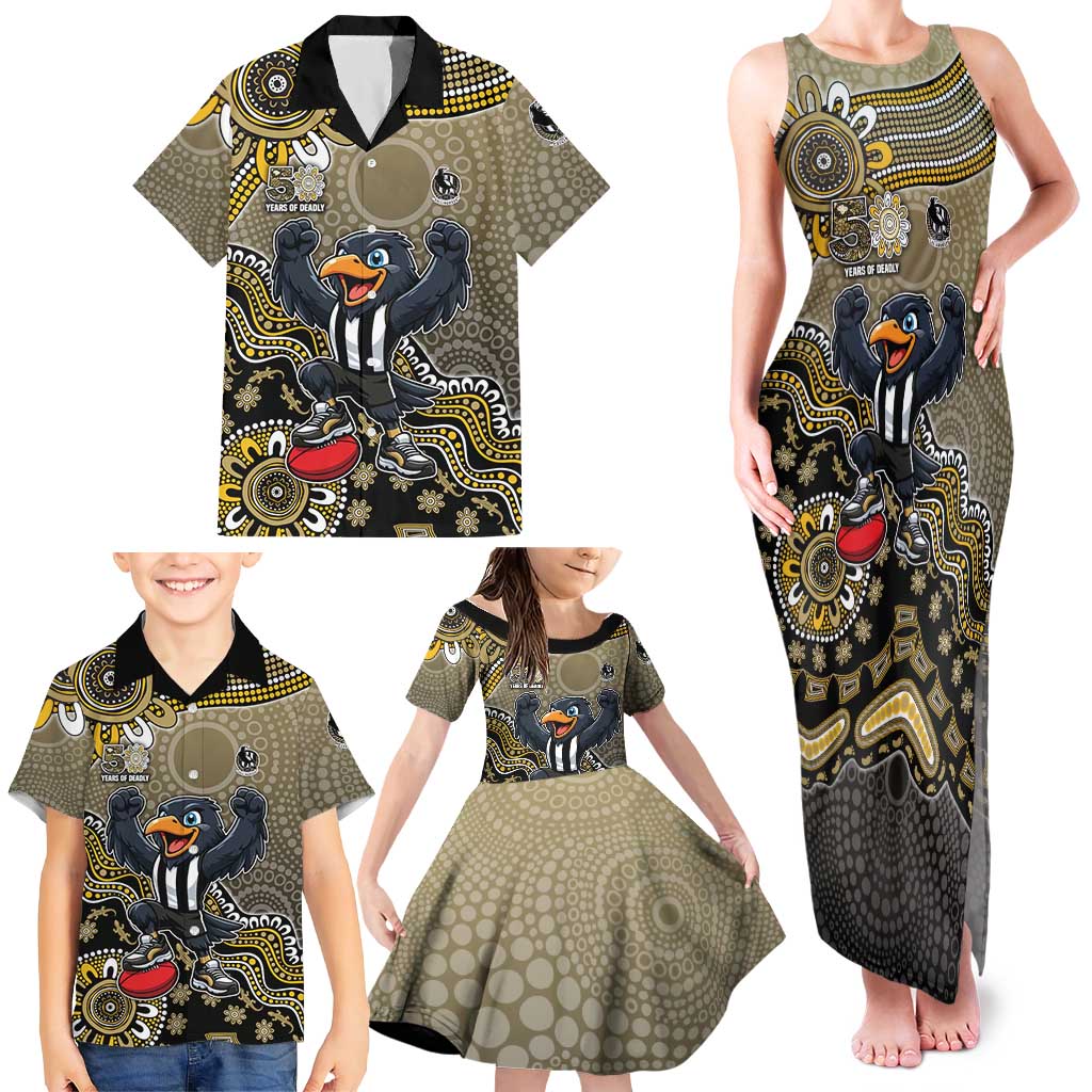 Personalized Magpies Football Mascot Family Matching Tank Maxi Dress and Hawaiian Shirt Aboriginal Dot Art Style Vibrant Indigenous Pattern Design