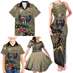Personalized Magpies Football Mascot Family Matching Tank Maxi Dress and Hawaiian Shirt Aboriginal Dot Art Style Vibrant Indigenous Pattern Design