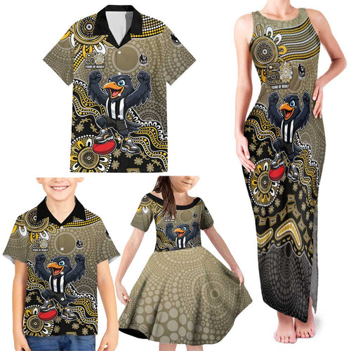 Personalized Magpies Football Mascot Family Matching Tank Maxi Dress and Hawaiian Shirt Aboriginal Dot Art Style Vibrant Indigenous Pattern Design
