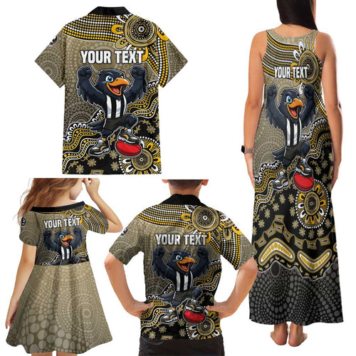 Personalized Magpies Football Mascot Family Matching Tank Maxi Dress and Hawaiian Shirt Aboriginal Dot Art Style Vibrant Indigenous Pattern Design