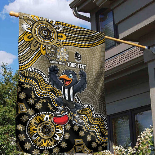 Personalized Magpies Football Mascot Garden Flag Aboriginal Dot Art Style Vibrant Indigenous Pattern Design