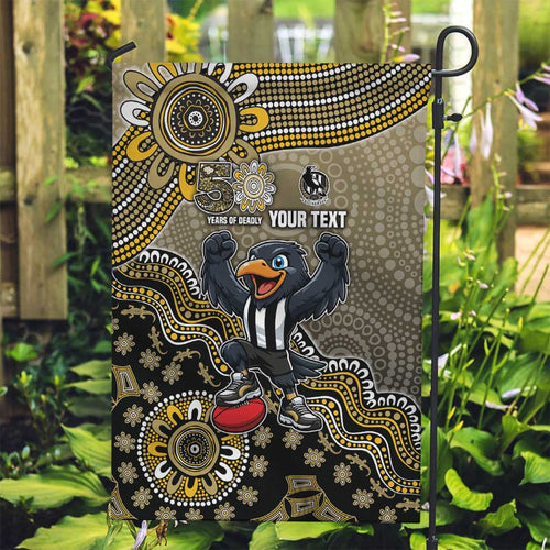 Personalized Magpies Football Mascot Garden Flag Aboriginal Dot Art Style Vibrant Indigenous Pattern Design