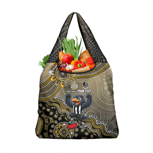 Personalized Magpies Football Mascot Grocery Bag Aboriginal Dot Art Style Vibrant Indigenous Pattern Design